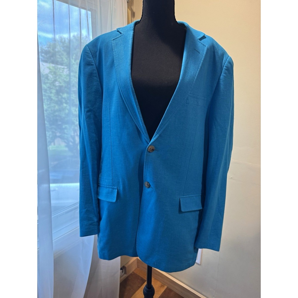 Alan Flusser Men's Women's Blue Linen Rayon Twill 2-Button Blazer Notch Lapel L